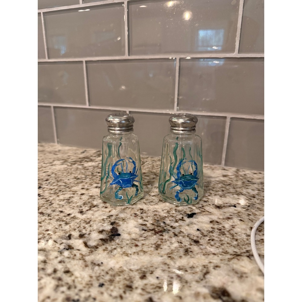Hand Painted Blue Crab Glass Salt and Pepper Shakers Nautical Coastal Decor Set